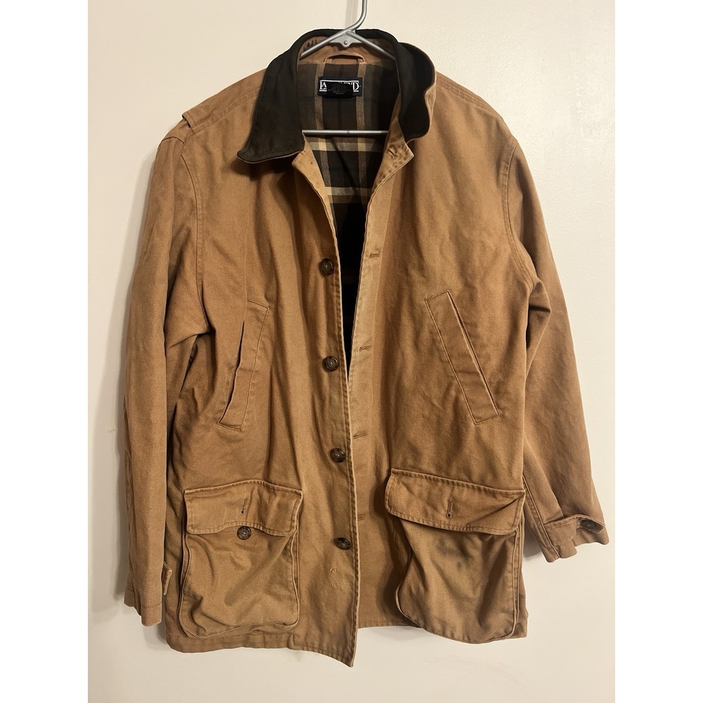 VTG Lands End Chore Coat Mens Large Tan Barn Jacket Flannel Lined Leather Collar
